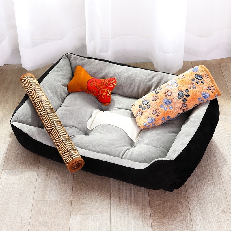 夏季狗窝四季通用小型大型犬猫窝泰迪冬天保暖垫狗狗用品床_567 80X60CM（建议45斤内） 黑灰+毛毯+凉席布骨送咬绳