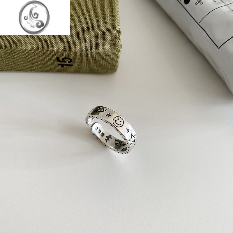 JiMi小众设计通体S925银银个性潮流笑脸星星月亮开口戒指女食指环ins