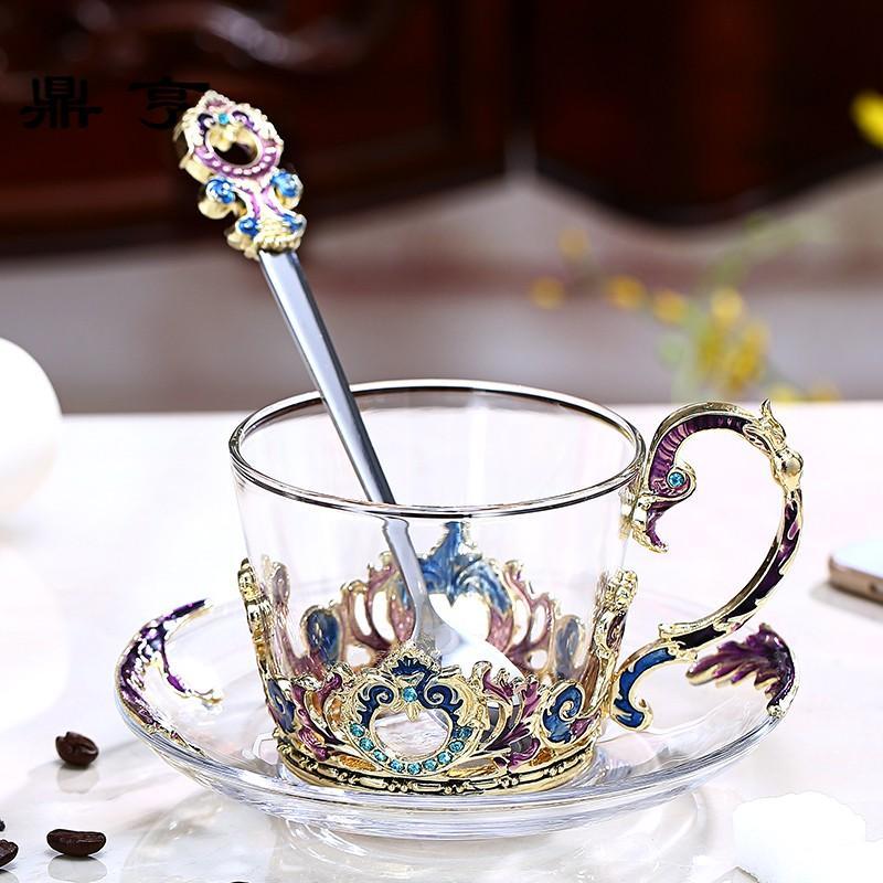 鼎亨珐琅彩咖啡杯欧式茶杯套装创意水杯子玻璃杯带碟带勺女神生日