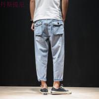 2018夏季新款破洞牛仔裤男士加肥大码宽松九分乞丐裤韩版潮男裤子蓝色