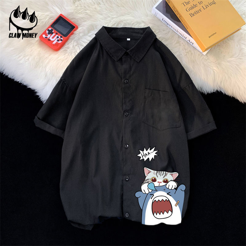 Claw money黑色痞帅薄款短袖衬衫男夏季休闲宽松五分袖衬衣青少年