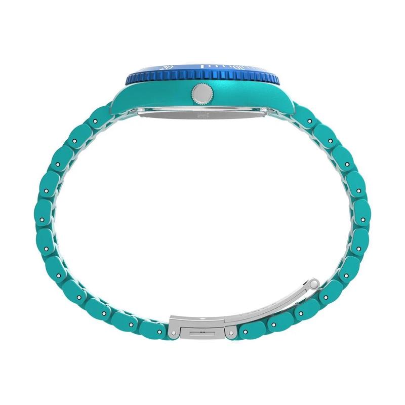 Timex石英真皮表欧美复古绿面白盘鳄鱼纹防水腕表高清大图