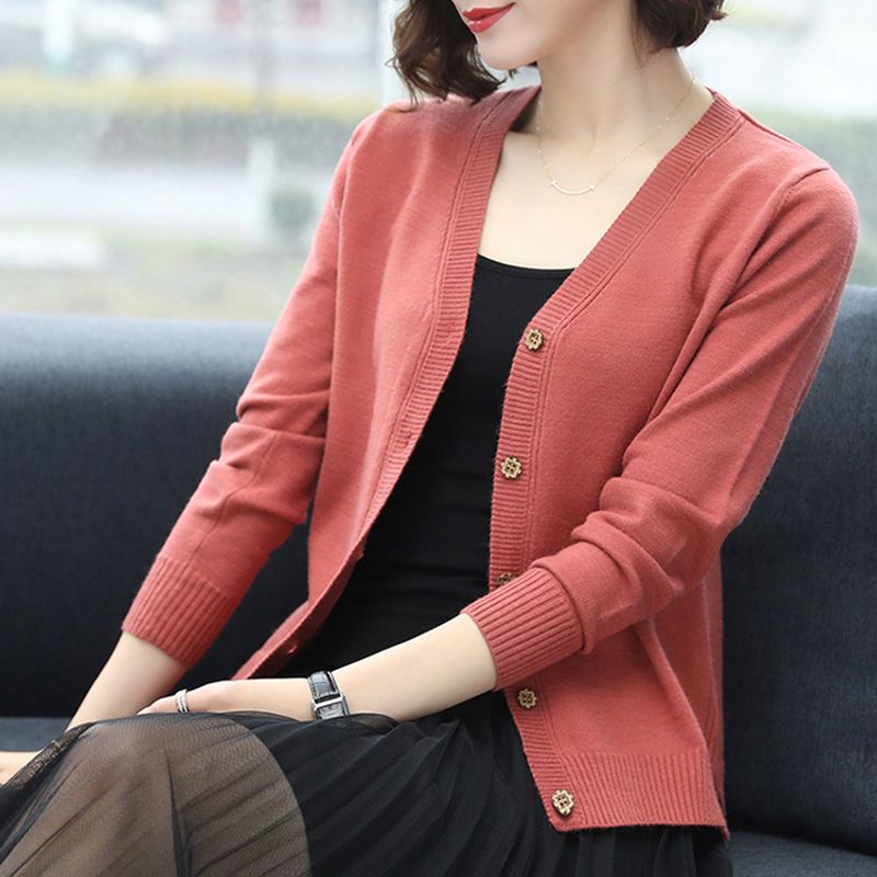 春秋女装新款韩版上衣宽松v领开衫毛衣短款百搭针织衫外套褂子臻依缘