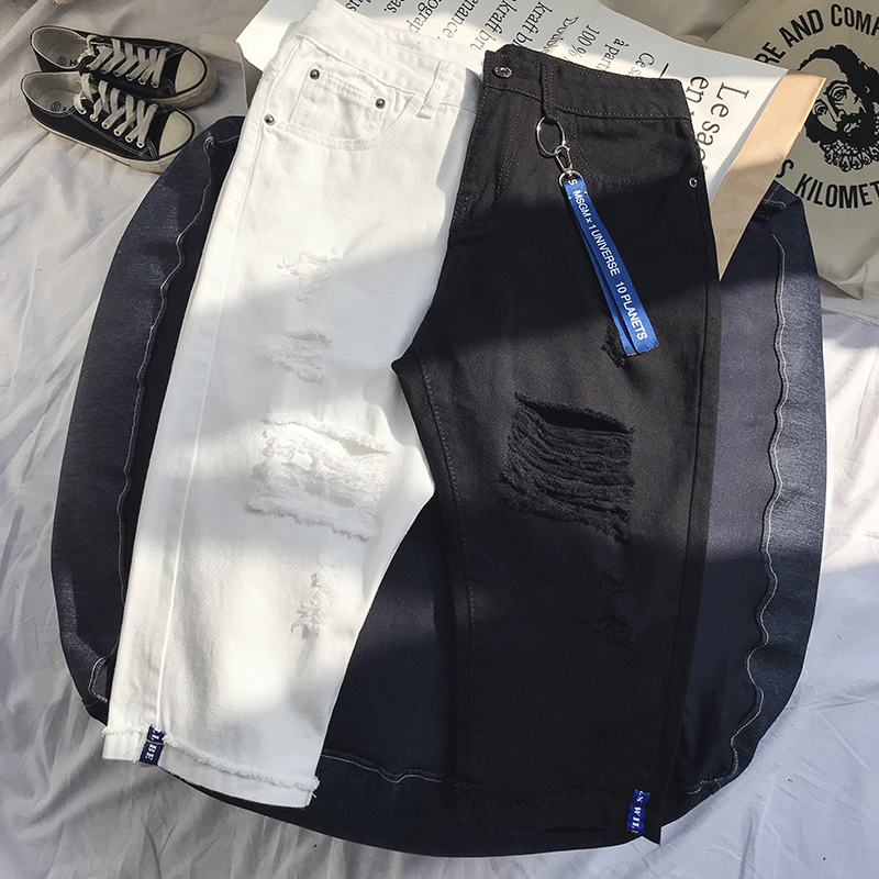 夏款年轻白色牛仔裤男破洞七分裤织带装饰短裤到小腿休闲裤学生潮