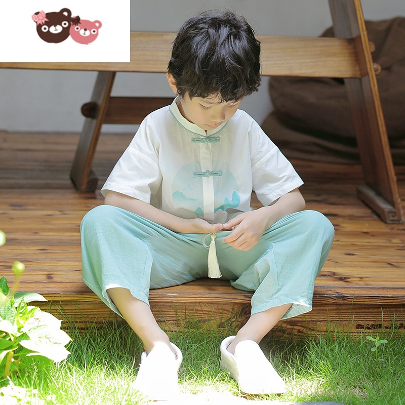 绿彩虹光汉服男童夏款宝宝刺绣中国风套装小男孩古装国学服唐装丹青