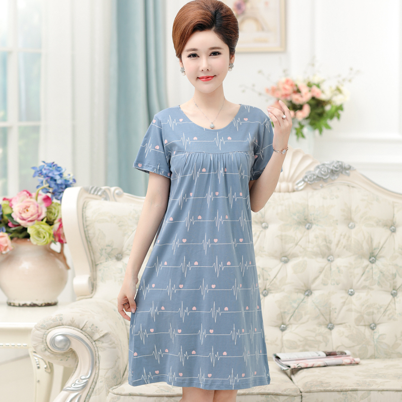 suntek夏季中老年人睡裙女士棉妈妈睡衣夏天中年薄款大码棉连衣裙子
