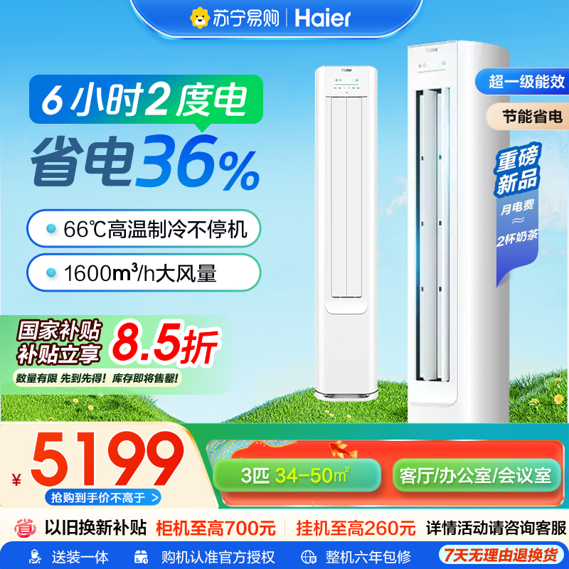 [纯铜管]海尔小红花(Haier)3匹 变频新1级能效 强冷强热 家用空调柜机KFR-72LW/E1-1国家补贴以旧换新高清大图
