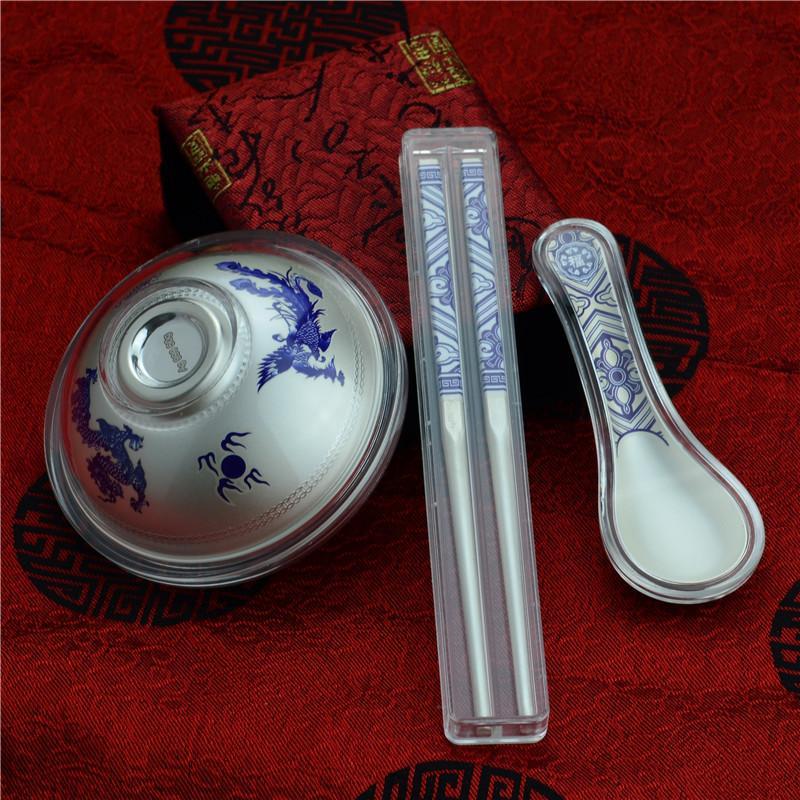 满月礼物宝宝银碗套装首饰 银筷子999足银餐具套装银制品送女朋友七夕情人节礼物