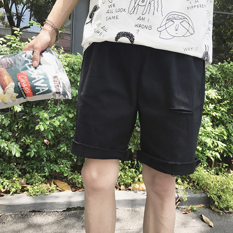 个性夏款日系简约做旧毛边水洗破洞短裤男生休闲裤工装五分裤子潮