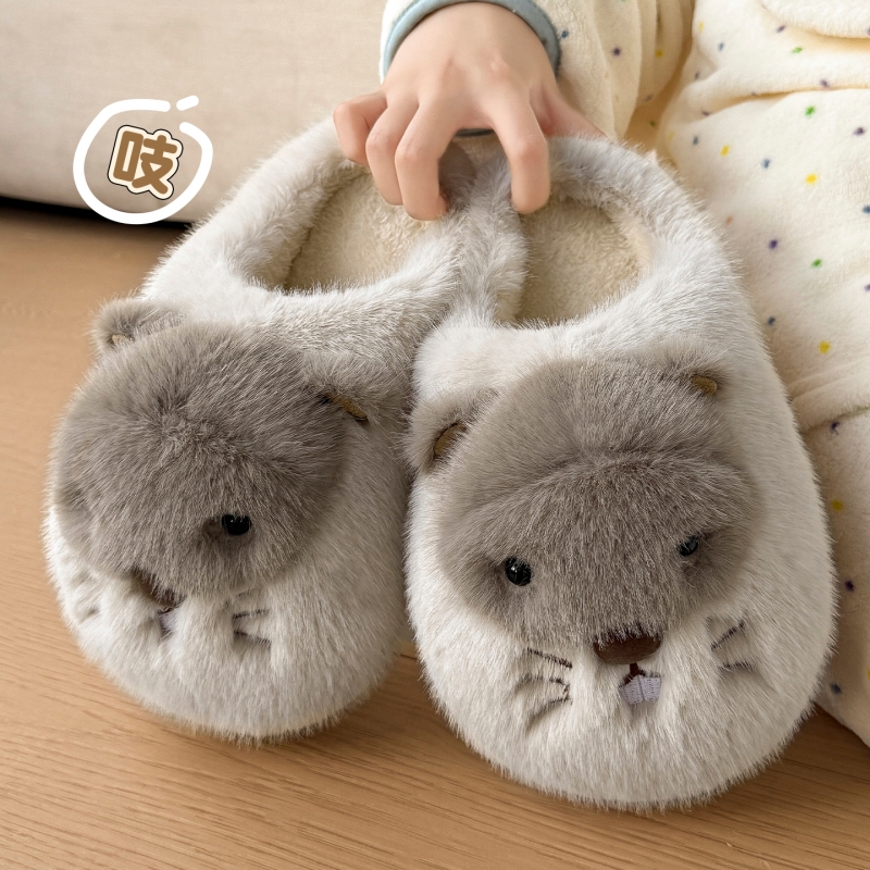 土拨鼠棉拖鞋女士2025新款秋冬季室内家居毛绒保暖厚底棉拖女冬天高清大图