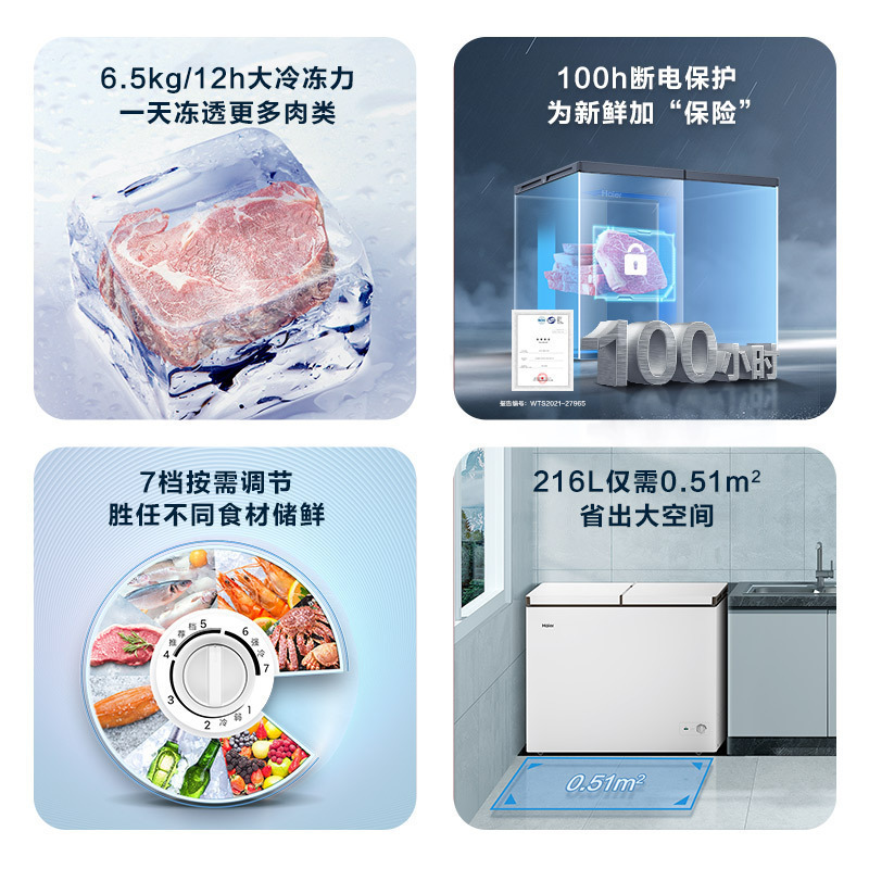 海尔(Haier)卧式冰柜216升冷柜 冷藏冷冻 双温储鲜格局 小巧不占地 家用商用两用冰箱 FCD-216LHSD高清大图