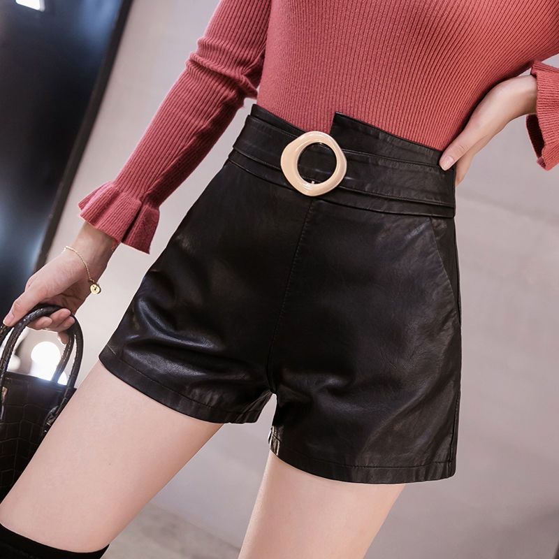 新款水洗pu皮短裤女秋冬韩版修身显瘦黑色中腰直筒靴裤皮裤子外穿8581