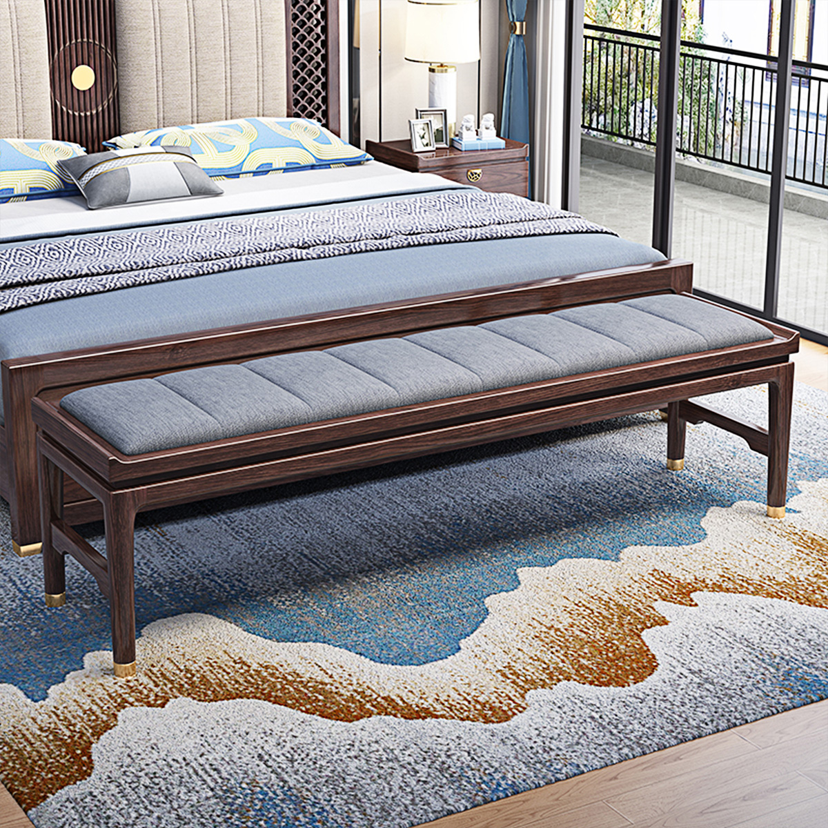 采百木(caibaimu)新中式实木床尾凳布艺软包座垫红橡木卧室家具长条