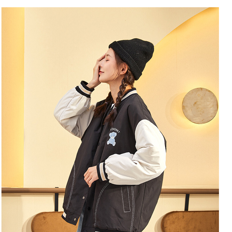 【1.5折价115元】唐狮棒球服外套女秋冬新款韩版加厚百搭上衣夹棉夹克拼接棉衣