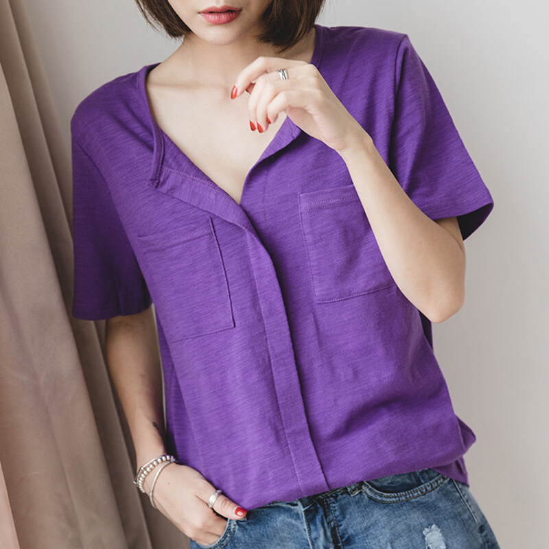 半袖v领T恤女装大码宽松纯棉短袖夏季宽松全棉百搭上衣紫色短袖