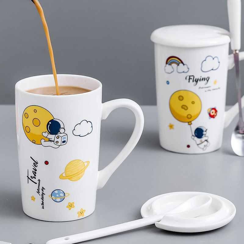 星球杯happy杯无盖勺马克杯宇航员陶瓷杯男女学生喝水杯可爱杯子卡通