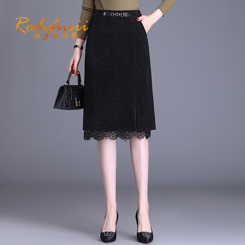 rodyhisii品牌半身裙女春秋季新款高腰蕾丝边中长款开叉过膝直筒包臀