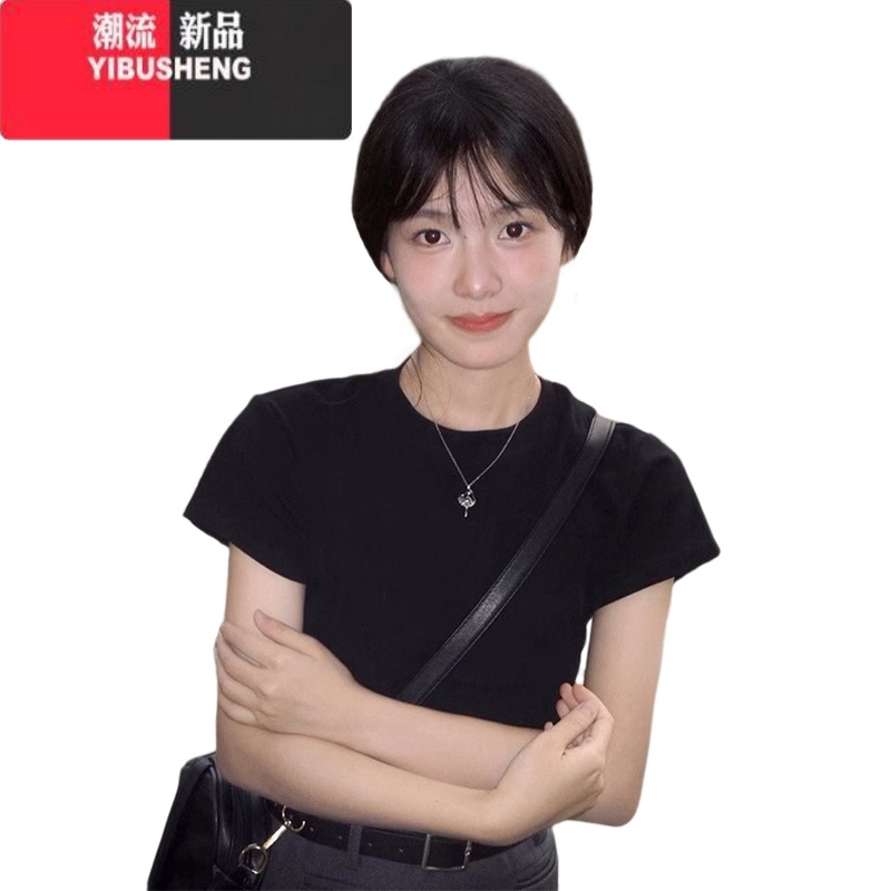 YIBUSHENG美式复古黑色正肩短袖t恤女季2024新款辣妹短款上衣设计感小0高清大图