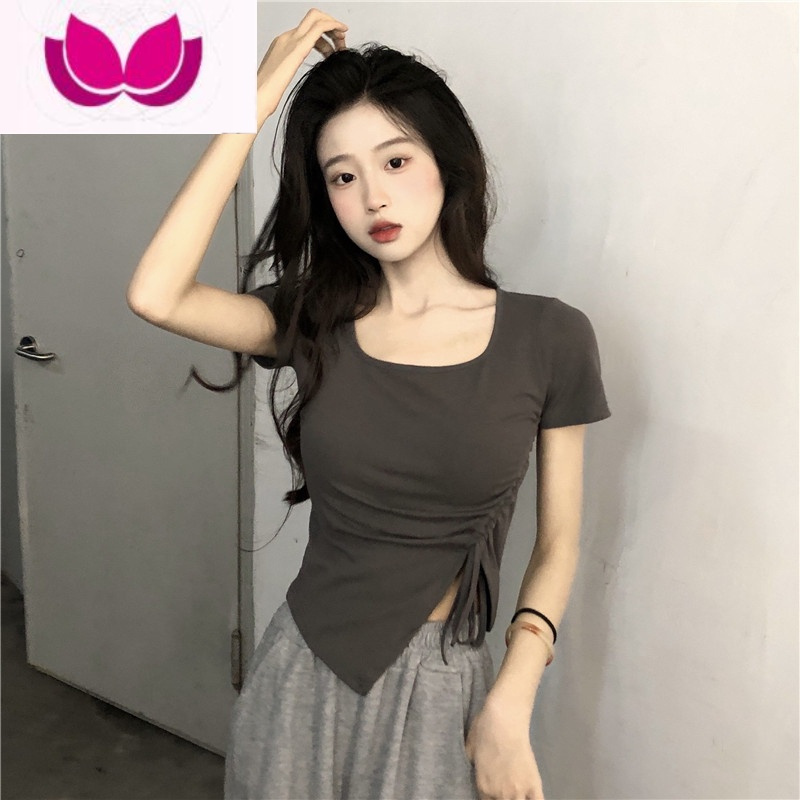 七斓时尚辣妹短款T恤女夏季2023新款修身抽绳不规则设计感短袖上衣潮