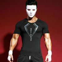 健身服男教练高弹力健身短袖T恤跑步速干训练篮球肌肉运动紧身衣_597_194_381_957 S 黑色V印花短袖