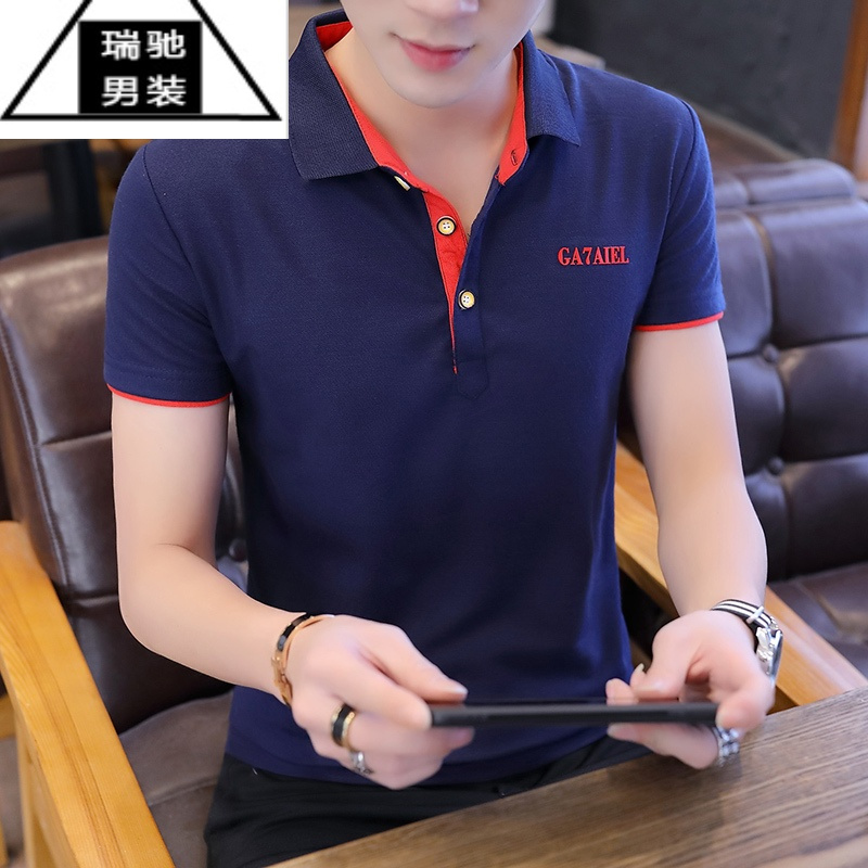 希杰狮王夏天有带领子短袖t恤男士翻领小衫青年宽松休闲男装上衣服外