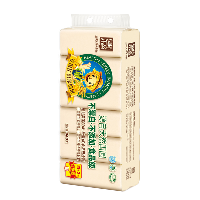 泉林本色实芯扁卷小麦茎纤维卫生纸卷纸手纸厕纸3层12卷840克提装