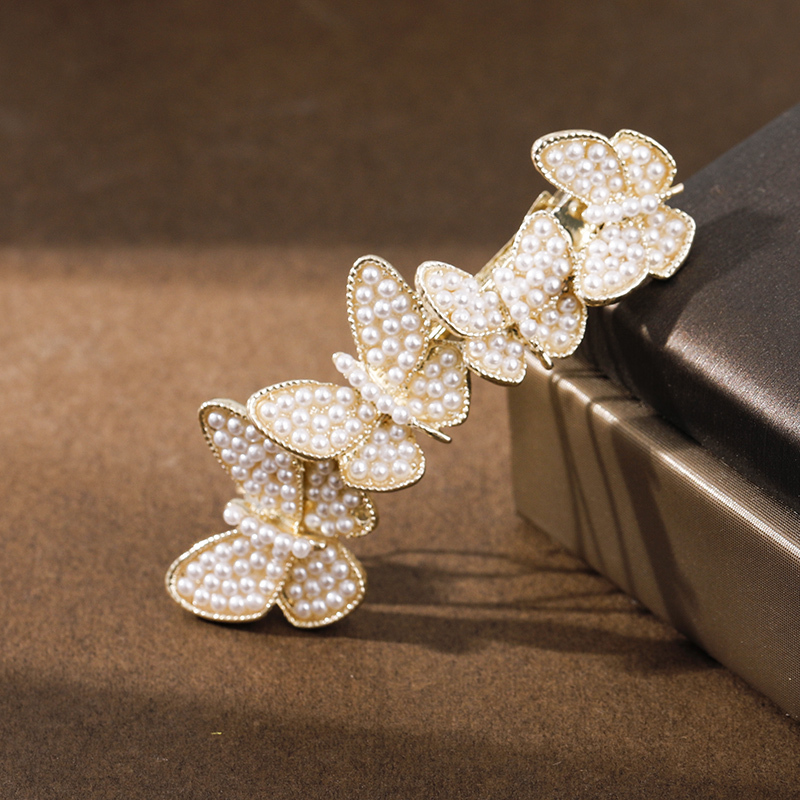 白色蝴蝶横夹发夹女一字横夹韩国蝴蝶珍珠发卡后脑勺头发夹子半扎发量