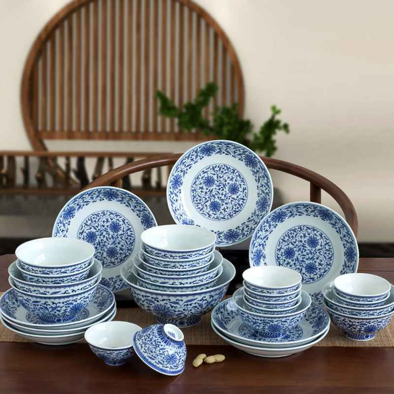 lichen景德镇陶瓷餐具手工缠枝莲釉下彩青花瓷碗盘碟子套装仿古中式29