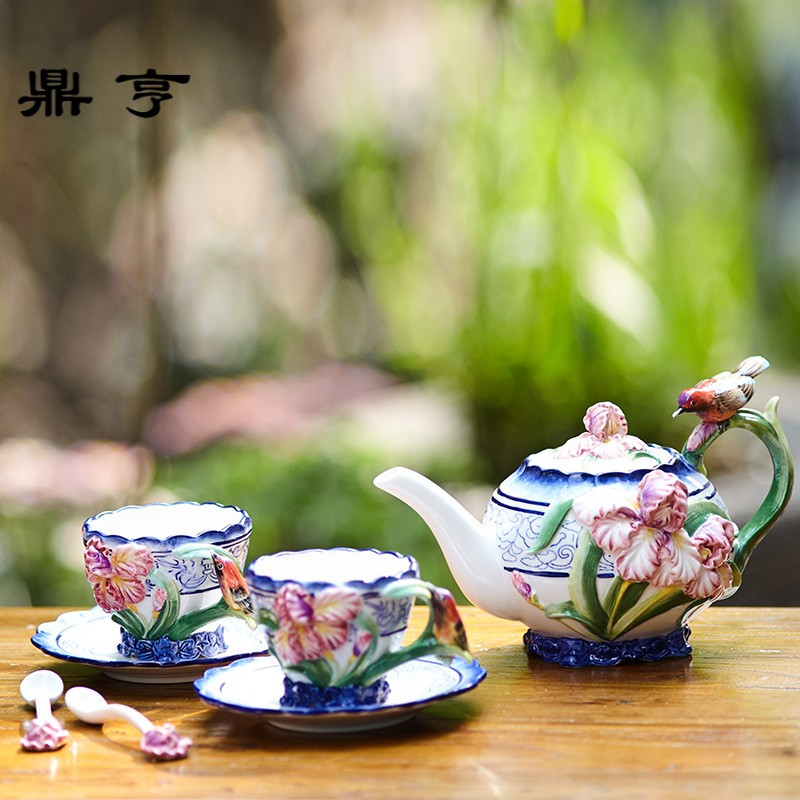 鼎亨青花茶具兰花茶壶杯碟组陶瓷杯子组合水壶茶杯套装咖啡杯瓷杯