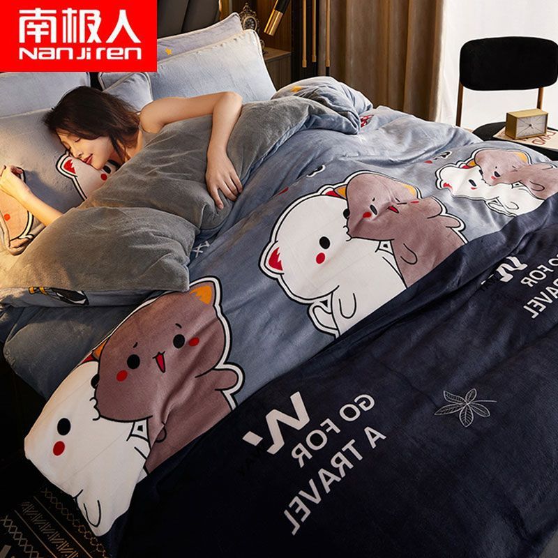 珊瑚绒四件套冬季双面加绒法莱绒三件套床单被套法兰牛奶绒高清大图