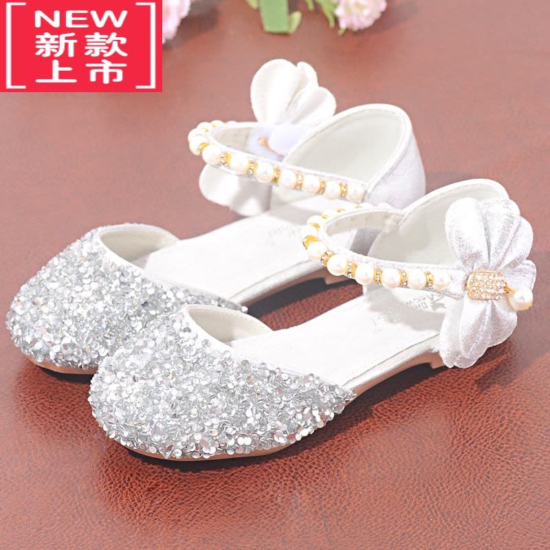 可莉允洋气儿童公主鞋水晶鞋女童高跟鞋软底小学生礼服舞蹈皮鞋银色带钻运动休闲鞋图片