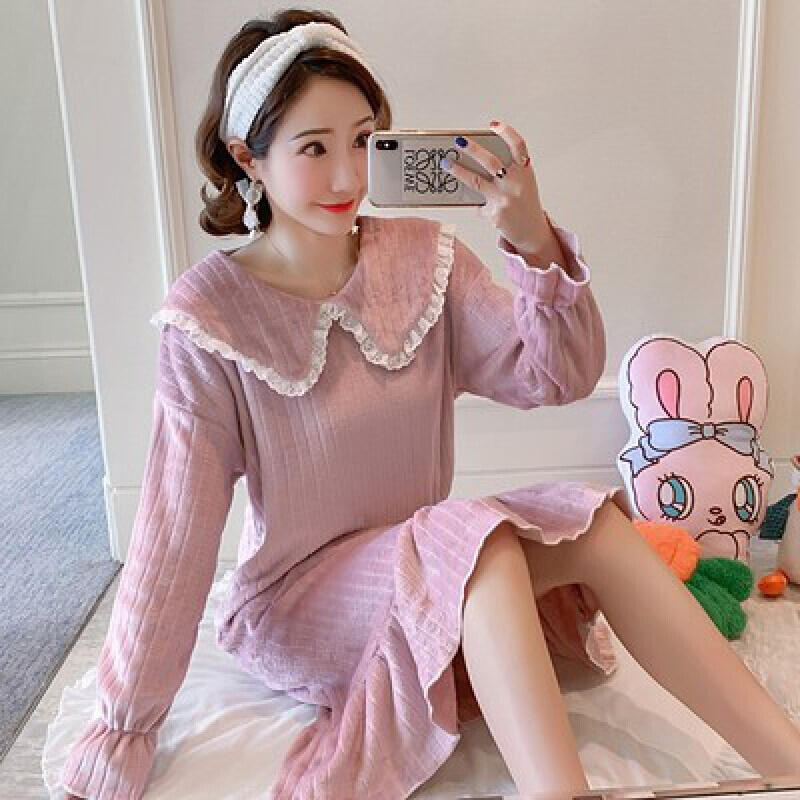 波迷娜（BOMINA)法兰绒女秋牛油果绿珊瑚绒长款保暖家居服连衣裙