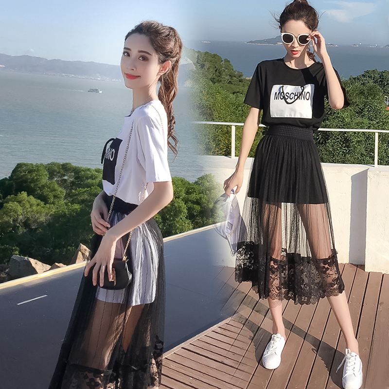 连衣裙女夏装2018新款韩版学生网纱裙子T恤套装裙两件套中长款春