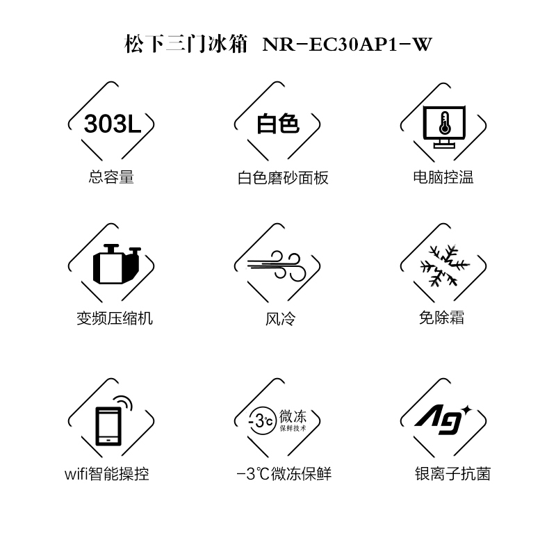 松下(Panasonic)三门冰箱NR-EC30AP1-W 303L宽幅变温室 银离子抗菌 风冷无霜变频WIFI智能白色