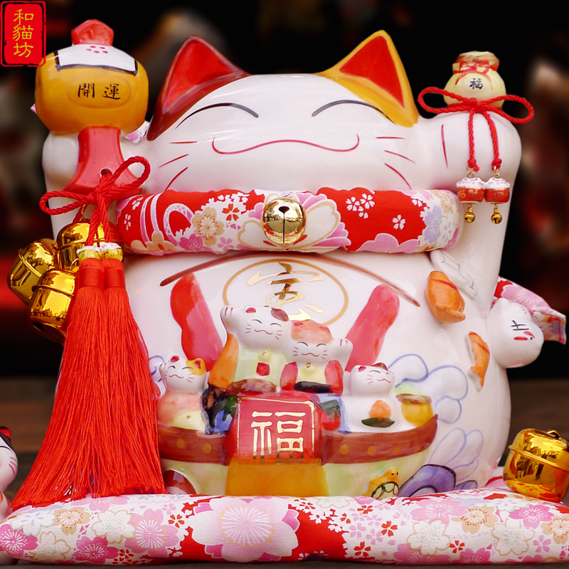 日式正版猫摆件店铺开业礼品特大号摇手陶瓷存钱罐家居装饰品 三维工匠 日式和风-幸福樱花进口配饰猫高清大图