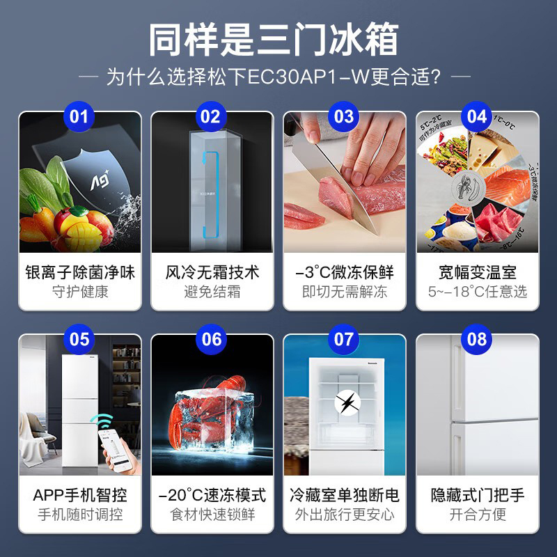 松下(Panasonic) NR-EC30AP1-N 303升 变频风冷无霜宽幅变温室wifi智能家用三门电冰箱