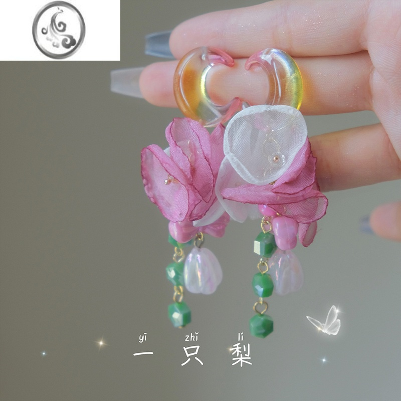 JiMi[月亮岛]绝美玫红白色花瓣渐变耳环夸张彩色雪纺蚊香盘耳夹221