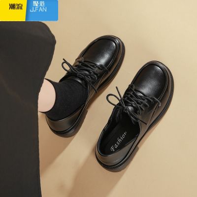 聚范黑色工作小皮鞋女2023新款百搭平底皮面英伦学院风乐福鞋系带单鞋 系带款标准码 37轻便柔软