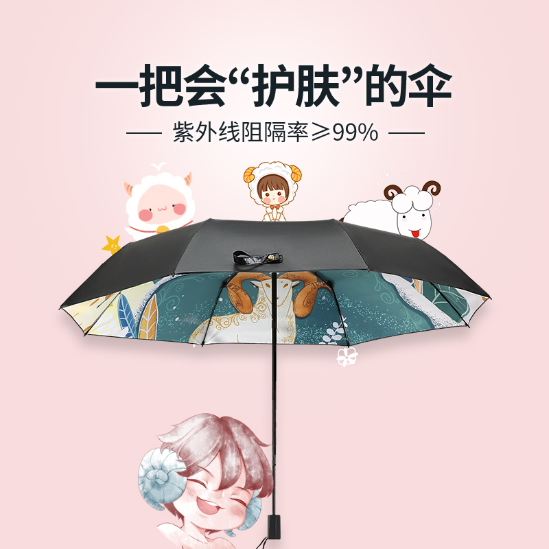红叶十二星座系类 插画礼品雨伞女遮阳伞晴雨两用折叠伞防晒防紫外线十二星座太阳伞颜色随机-2566!