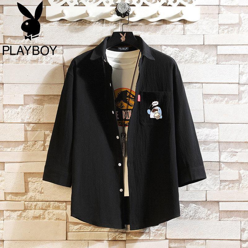 花花公子2022新款夏季七分袖衬衫男ins潮流休闲上衣韩版衬衣外套