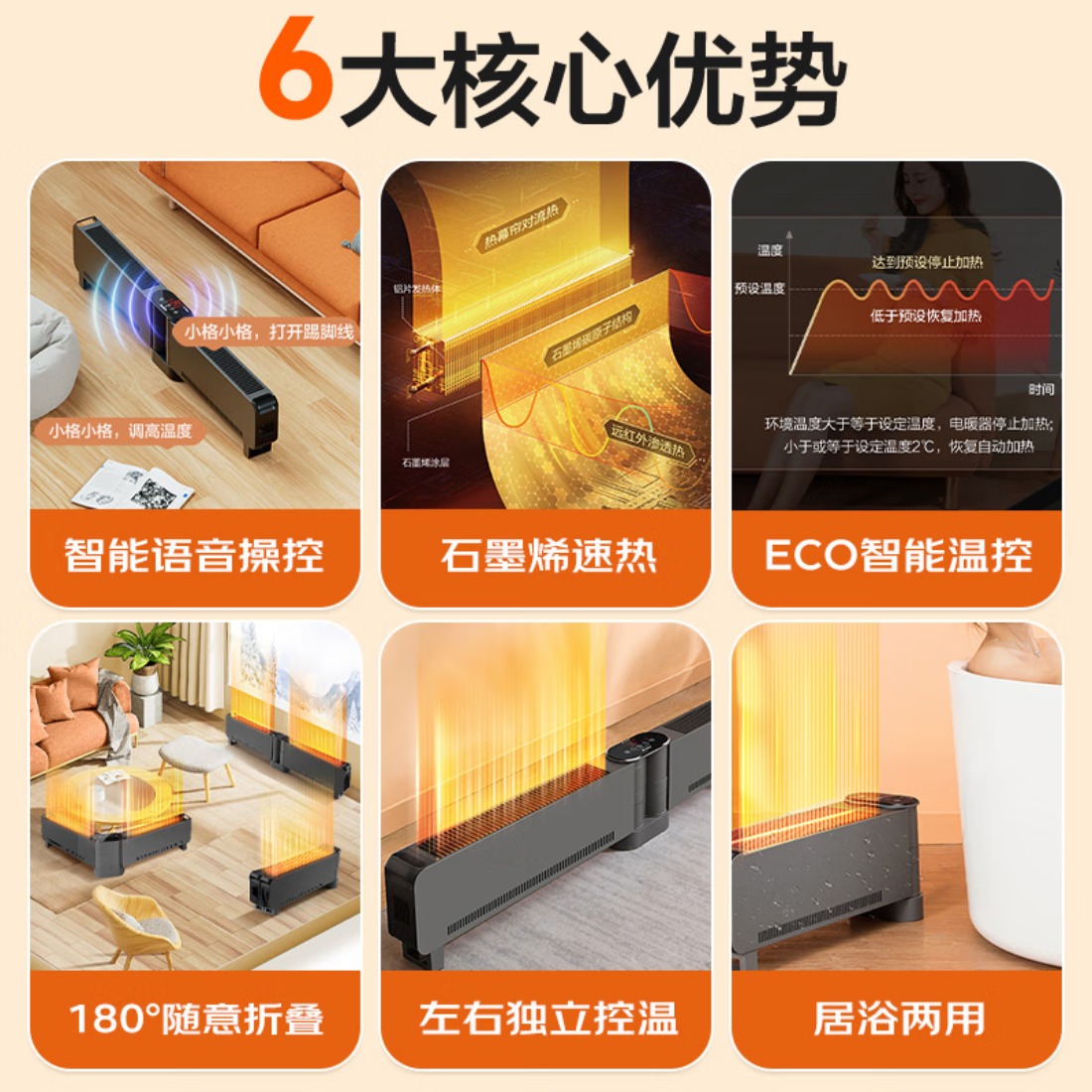 格力(GREE)[升级语音石墨烯]踢脚线取暖器家用电暖器防水电暖气移动地暖客厅智能语音暖风机NJE-S9020BV高清大图