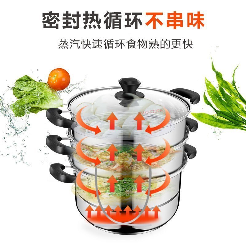 美厨(maxcook)三层不锈钢蒸锅 汤锅炊具28CM 玻盖 燃气炉电磁炉通用 锅具MZB-28