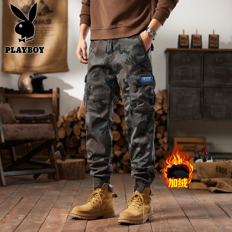 花花公子新款2025冬新款男士潮流日系多口袋休闲垂感显高迷彩加绒工装裤_728高清大图