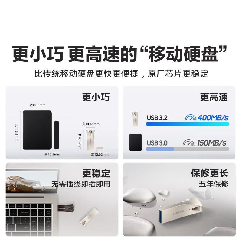 三星(SAMSUNG)64GB USB3.1 U盘 学习办公两用 金属高速优盘 小巧精致车载U盘深空灰读速300MB/s