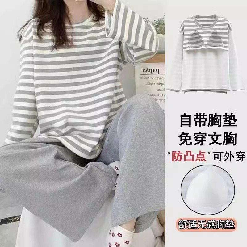 新款啄木鸟100%纯棉睡衣女春秋季长袖带胸垫秋冬可外穿家居服套季高清大图