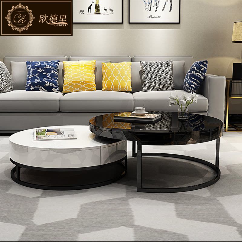 欧德里 现代简约创意茶台黑白圆形北欧大小户型茶几桌子客厅家具图片