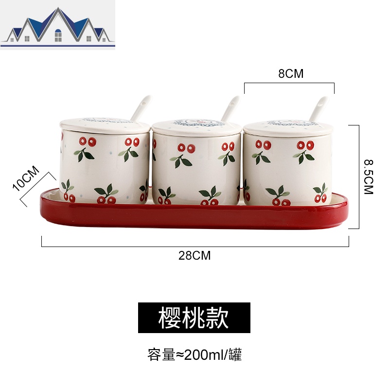 手绘樱桃陶瓷调料罐调味瓶家用厨房用品盐罐佐料收纳盒套装_1_681 樱桃款
