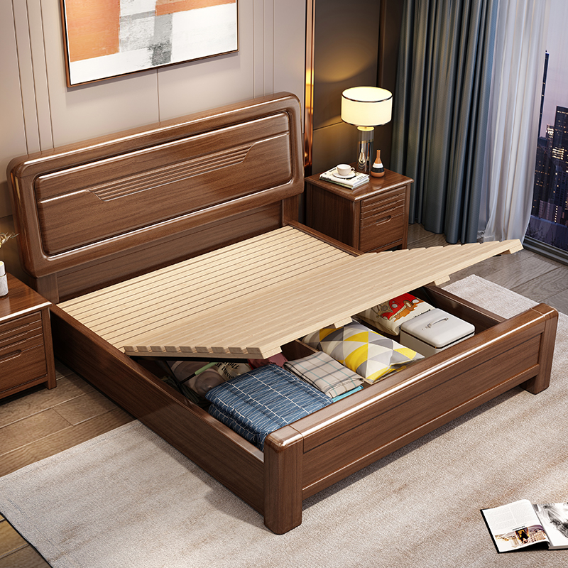 欧梵森 中式床实木床双人床1.8米床1.5m床现代简约卧室主卧大床轻奢气压储物高箱现代婚床胡桃木床实木家具床高清大图