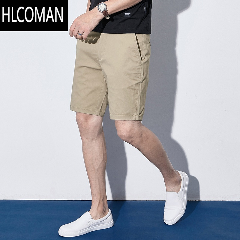 HLCOMAN短裤男夏季薄款潮流休闲纯色五分裤修身水洗米色5分中裤