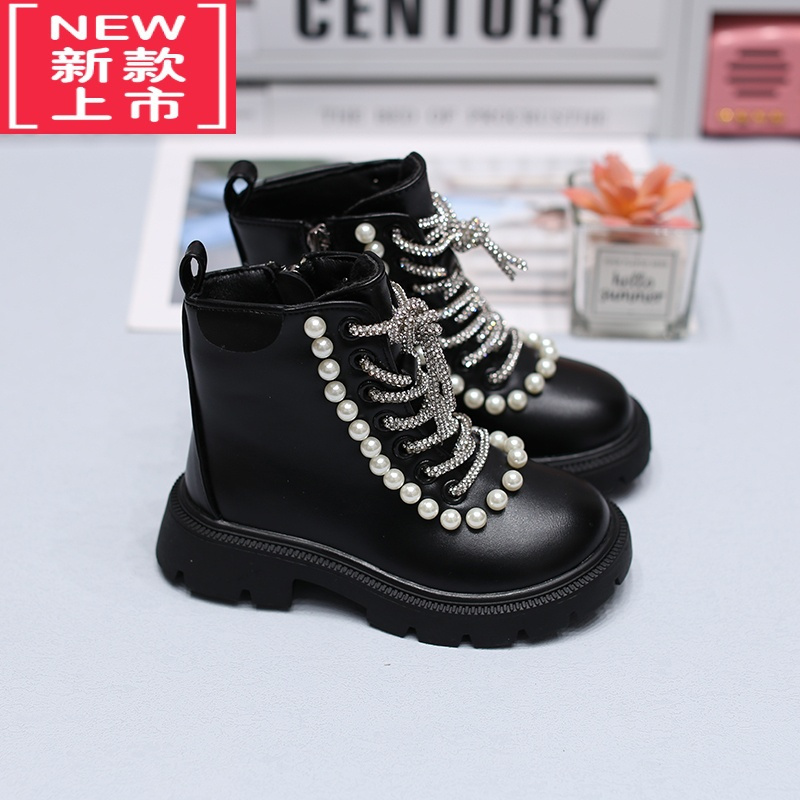 可莉允女童靴子2022新款冬季新款加绒洋气珍珠女孩公主靴二棉儿童马丁靴